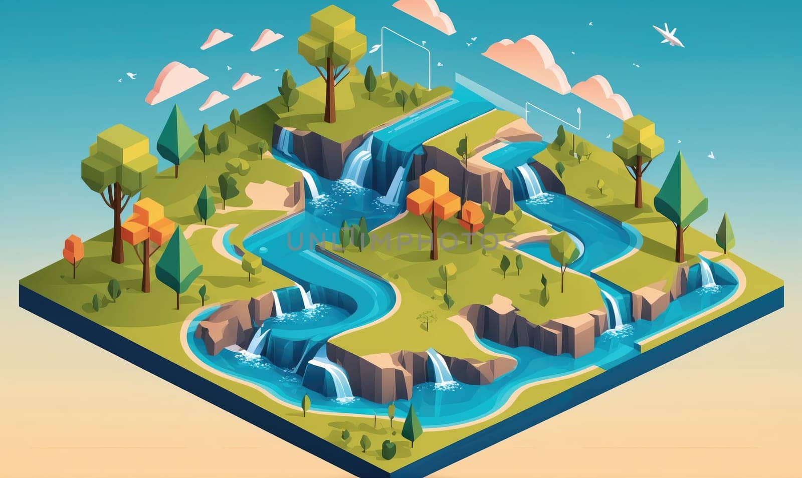 A digital, isometric illustration of a river winding through a forest. The river is depicted with a bright blue color and flows through a lush green forest
