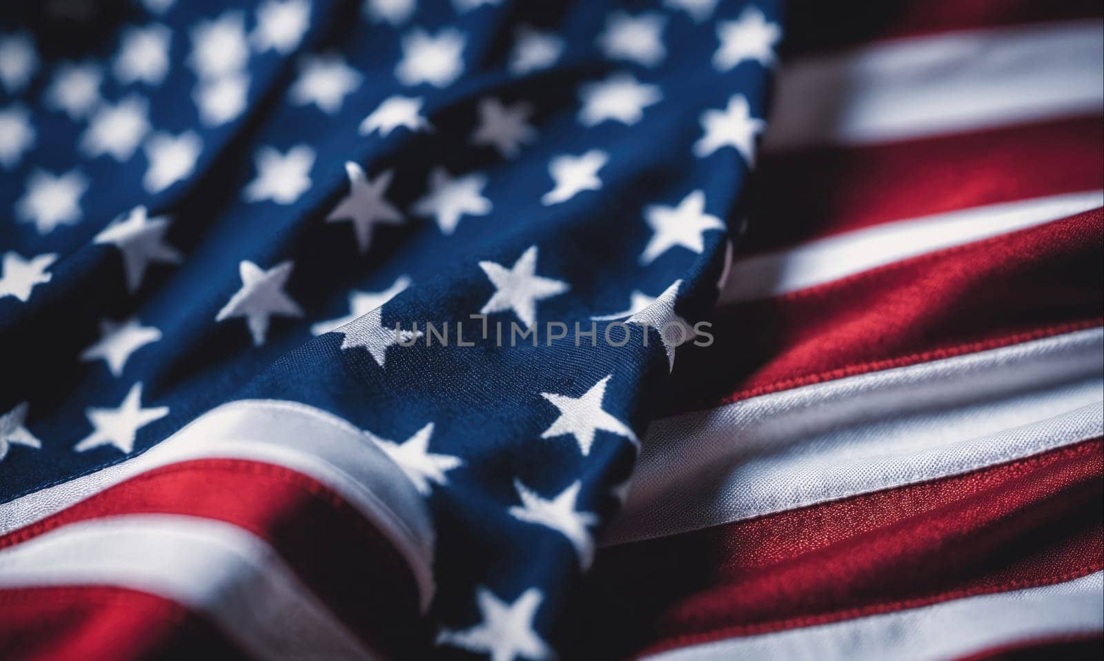 A detailed shot of a folded American flag, focusing on the blue field with white stars and the red and white stripes. The texture of the fabric is visible, creating a sense of depth and patriotism.