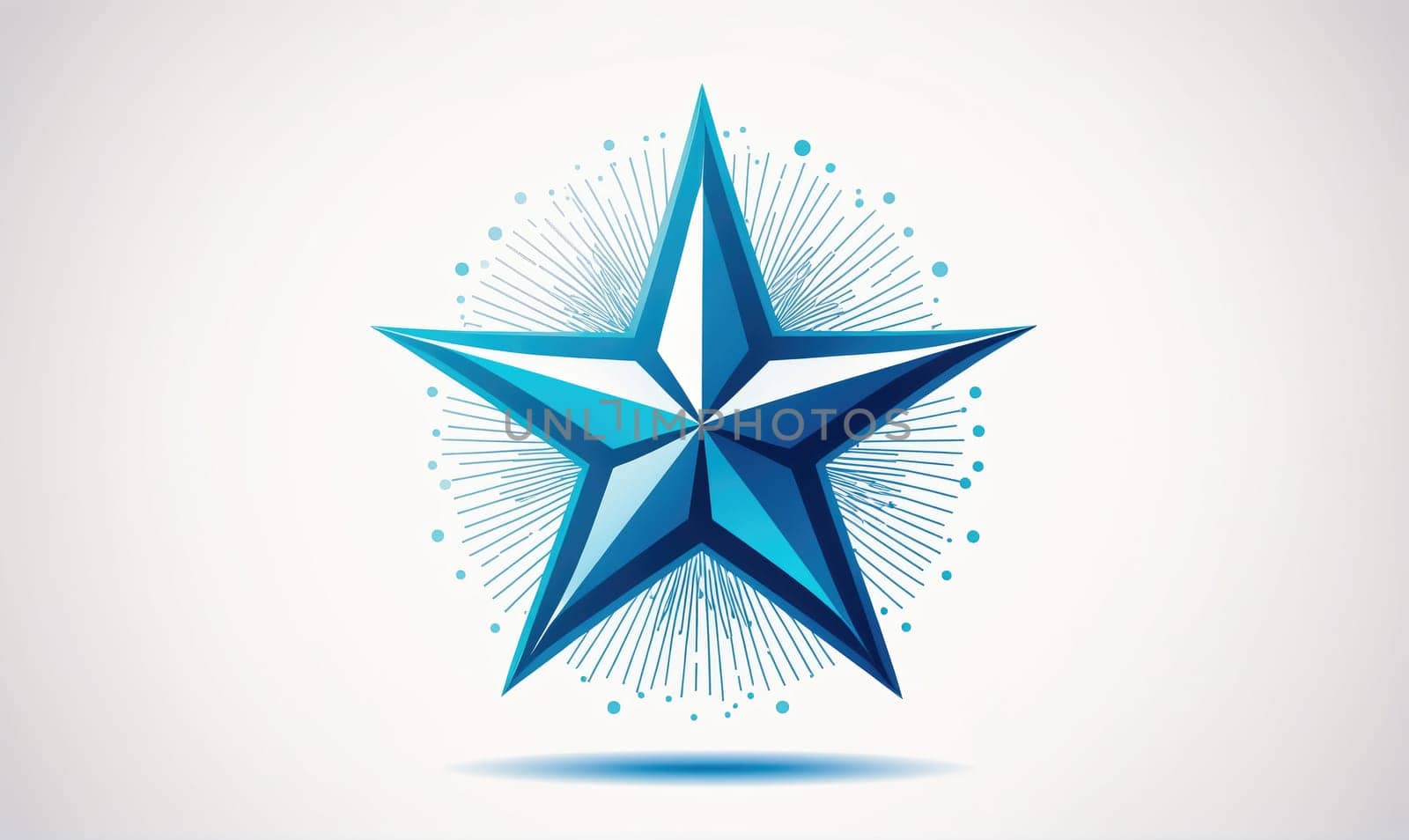A blue five-pointed star with a white center is featured against a white background. The star is set against a burst of light rays with blue and white dots.