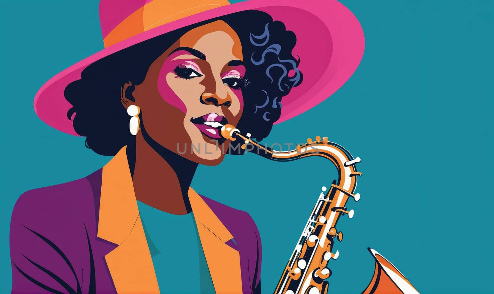A woman with dark curly hair wears a pink hat, a teal shirt, an orange jacket, and purple blazer. She plays a gold saxophone.