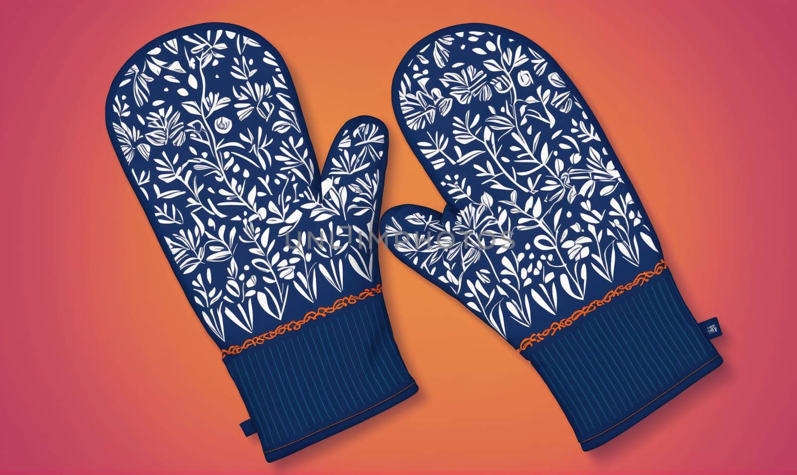 Two oven mitts lie flat on a red background. The mitts are blue with white floral designs. The mitts have a band of orange stitching around the edge.