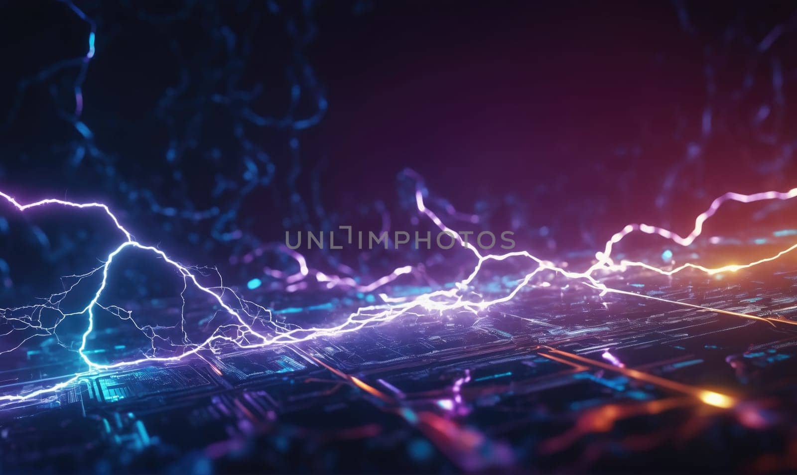 A digital rendering of a circuit board with electrical currents flowing across it, depicting a powerful electrical force.