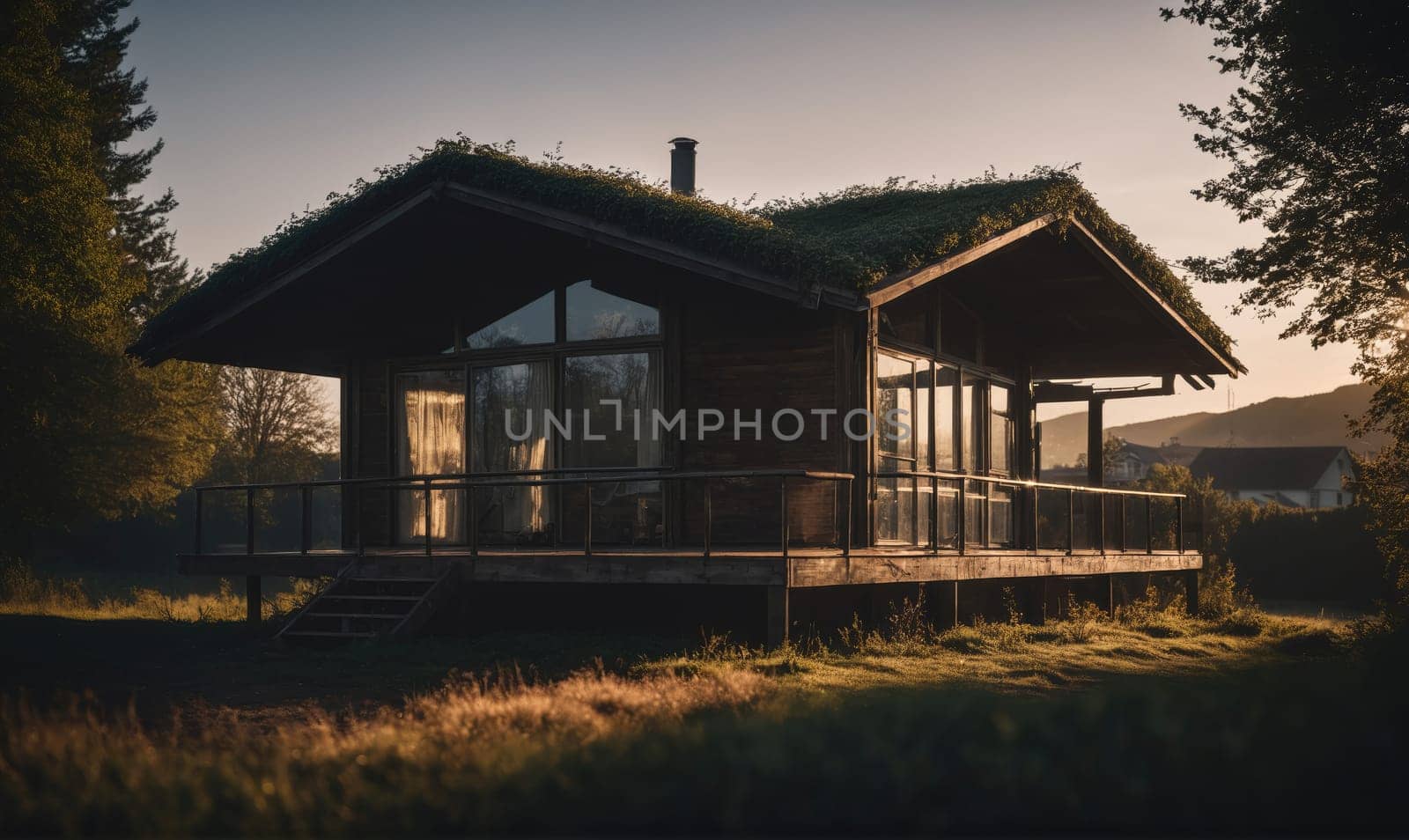 A modern cabin with a green roof stands in a clearing in the woods. The sun is setting, casting a warm glow on the grass and trees.