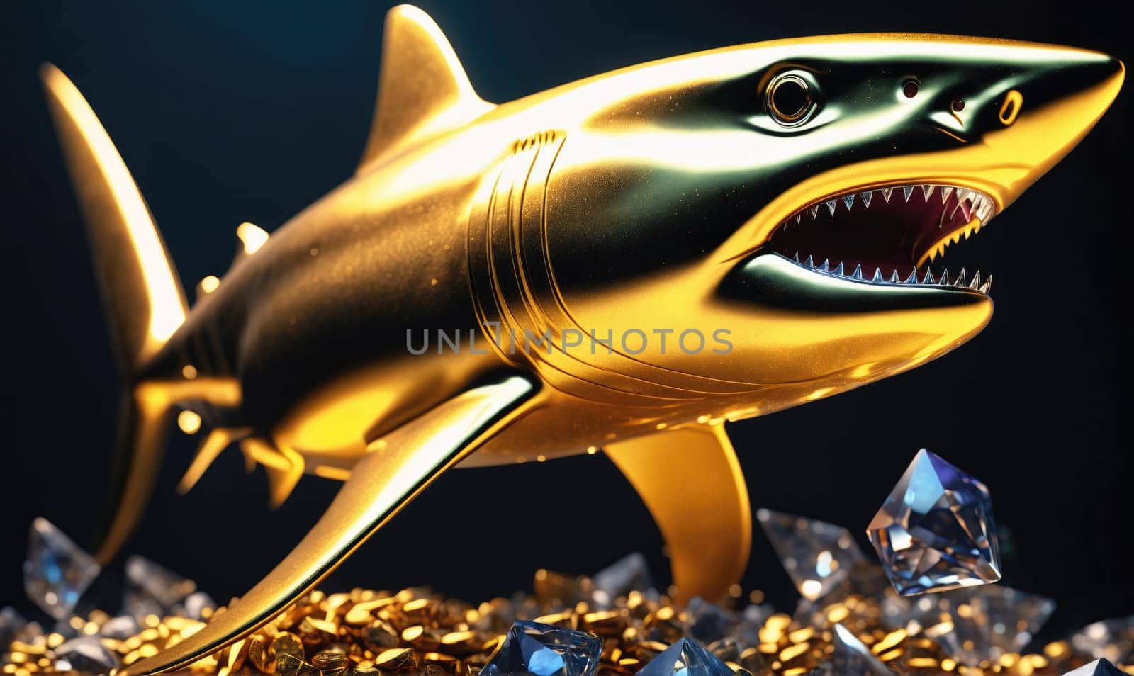 A golden shark, rendered in 3D, is depicted swimming over a pile of gold nuggets and diamonds. The shark's mouth is open and its teeth are visible. The background is a dark blue color.