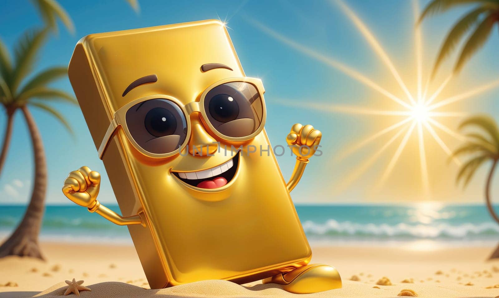 A cartoon gold bar wearing sunglasses and a happy expression stands on a sandy beach with palm trees in the background. The sun shines brightly in the sky.