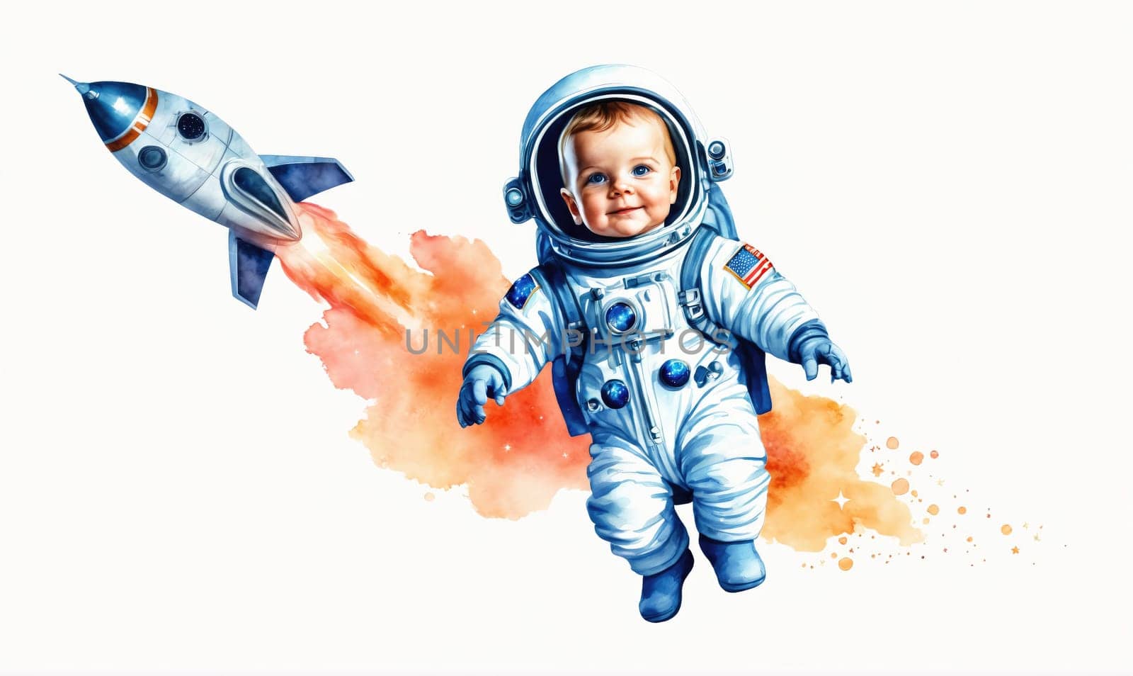 A baby in a white astronaut suit with a blue helmet floats in space. An orange watercolor rocket with a blue nose cone is taking off behind them, leaving a trail of orange smoke.