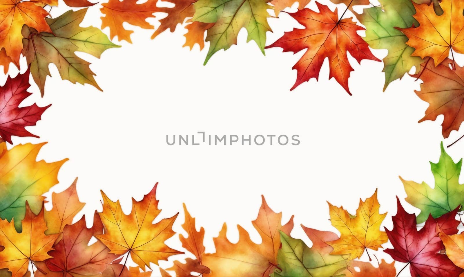 A border of autumn leaves in various shades of red, orange, yellow, and green surround a white background.