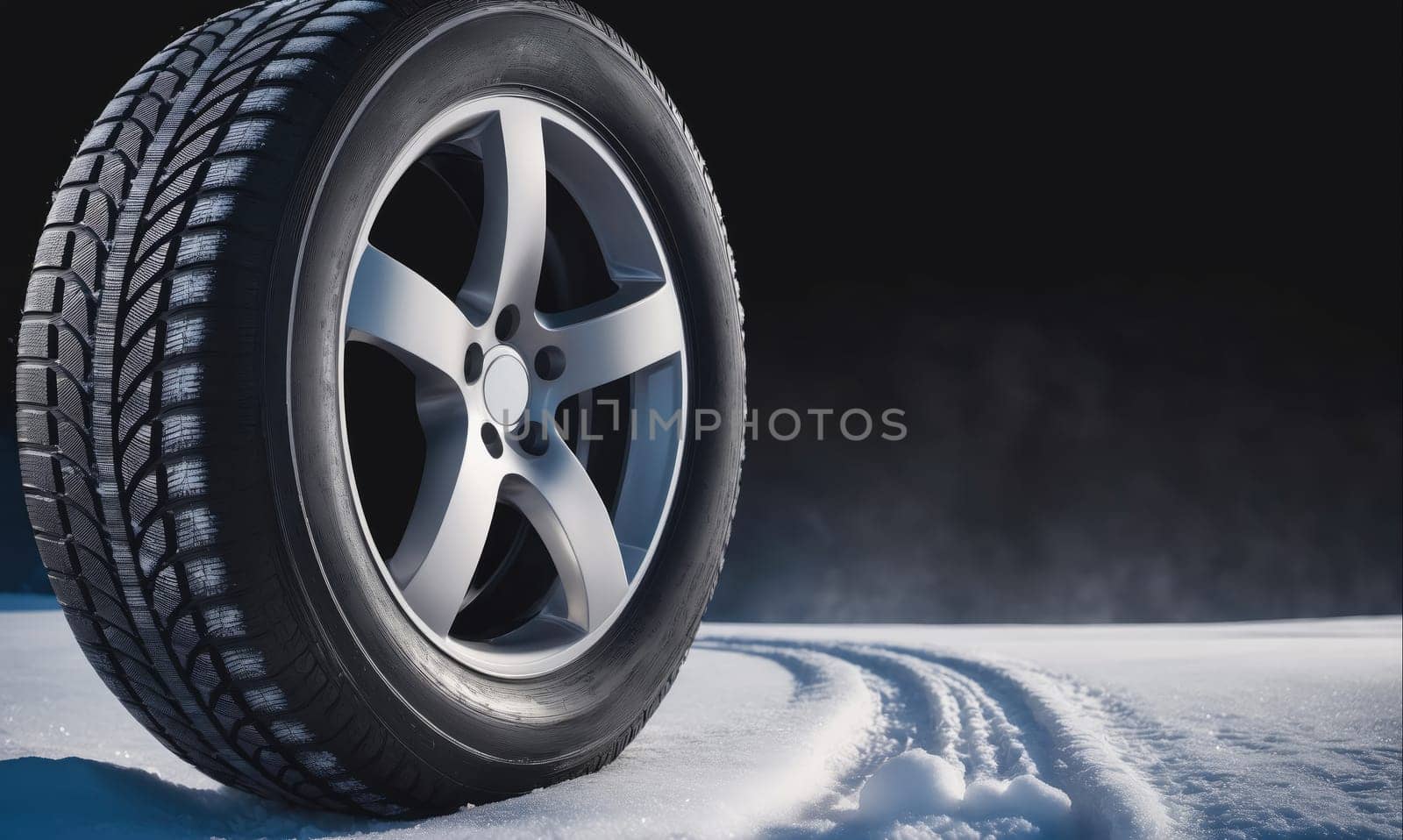 A single tire with a silver rim is positioned on a snowy surface. The tire has deep tread patterns that are visible against the white snow