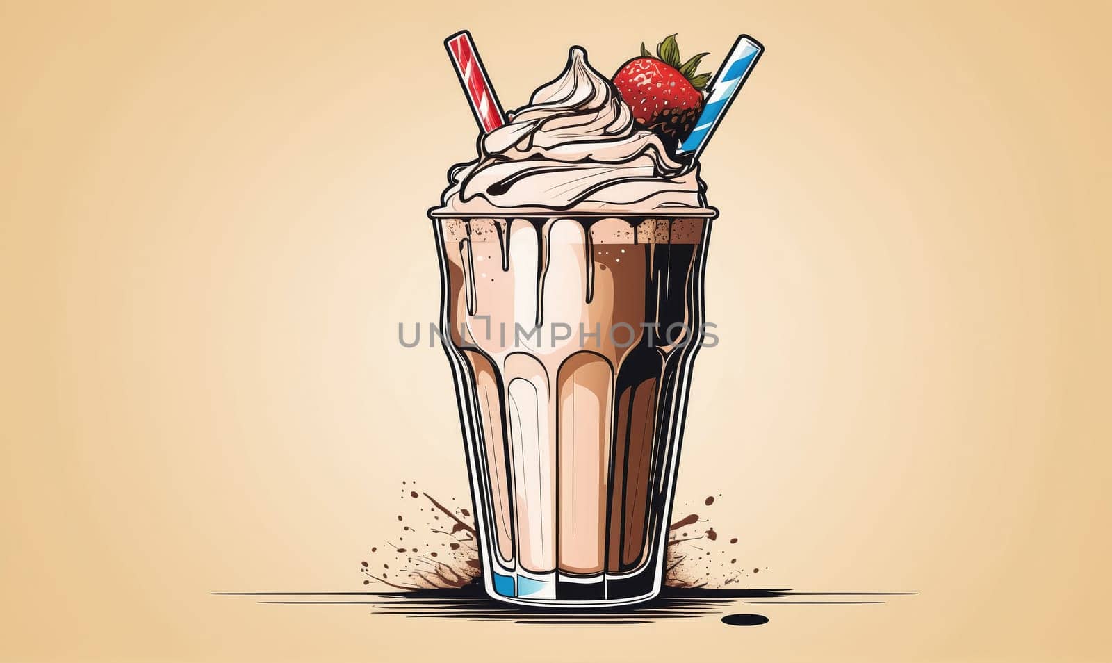A tall glass of chocolate milkshake with a thick layer of whipped cream topped with a fresh strawberry sits on a counter, ready to be enjoyed.