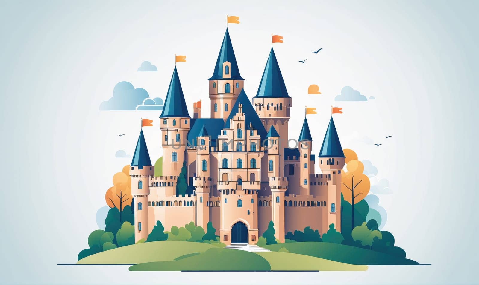 An illustration of a large, elaborate castle with multiple towers and spires, set against a light blue sky with clouds