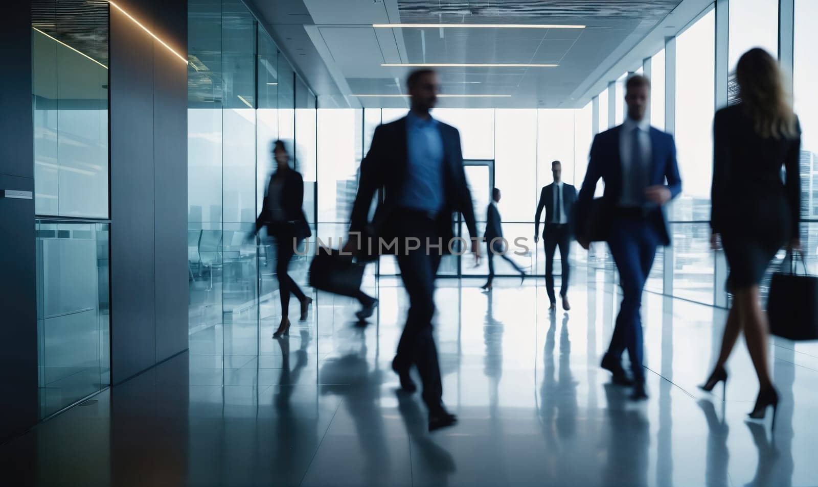 A group of business professionals, dressed in suits and business attire, walk down a hallway with glass walls. The people are in motion, their figures slightly blurred