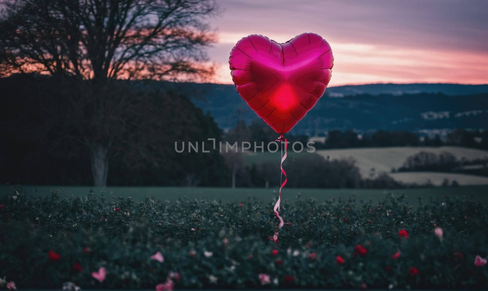 A single, red heart-shaped balloon floats in the air above a field of flowers. The balloon is tied to a long, white string
