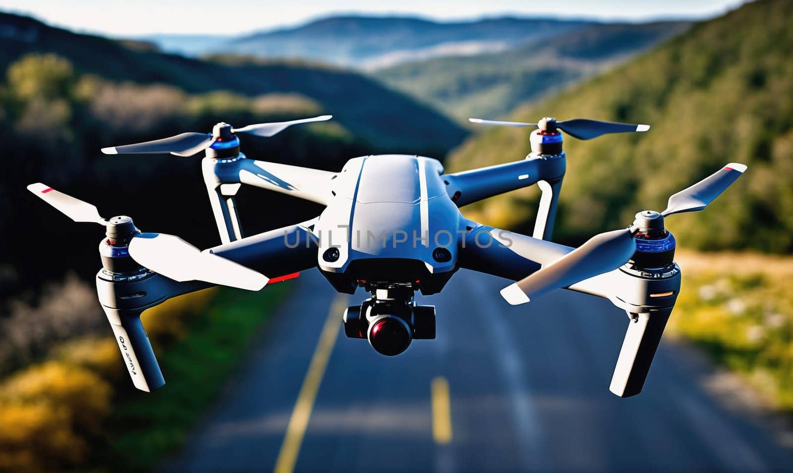 A grey drone with four propellers is flying in the air. The drone is facing the camera and its camera is pointing directly forward