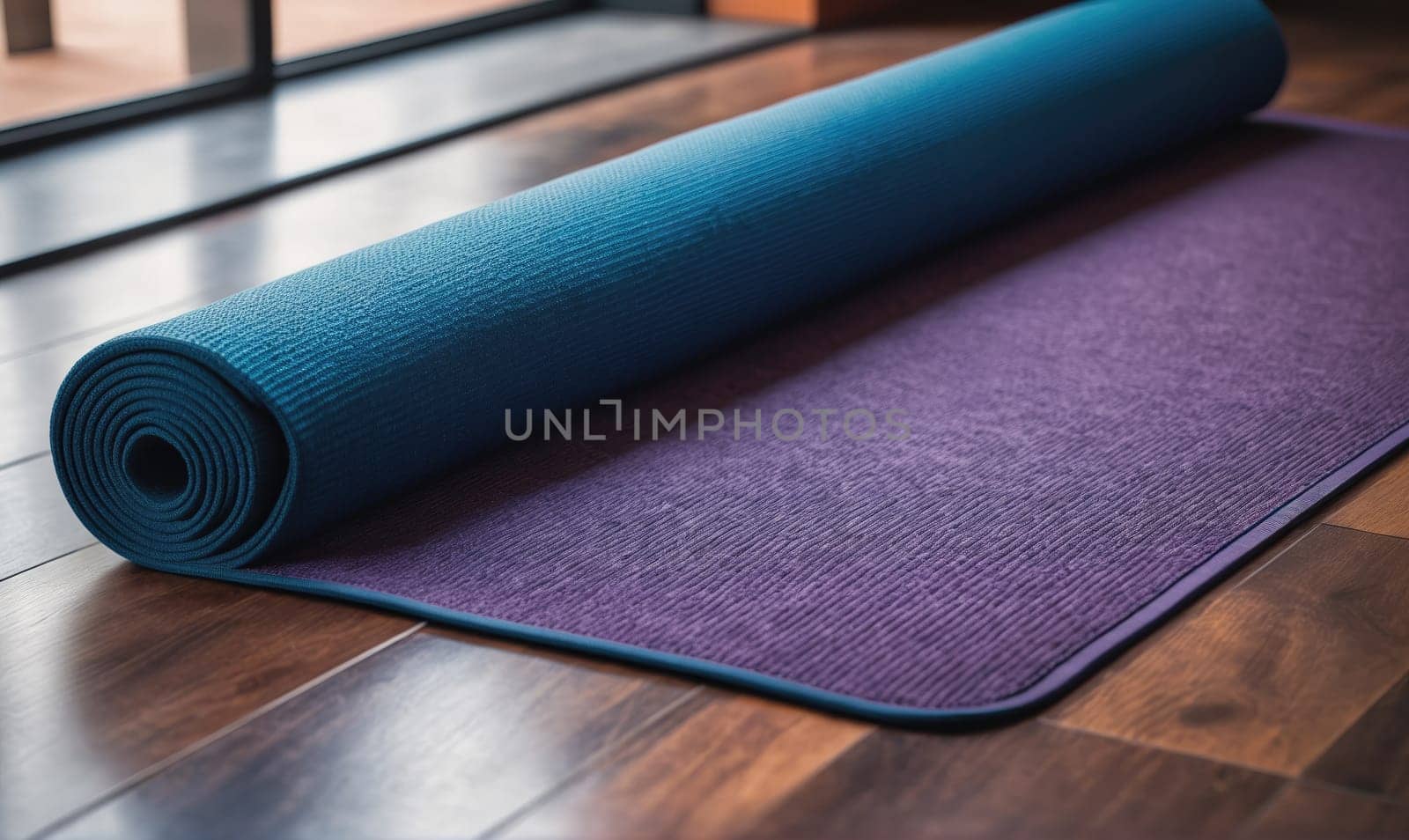 A blue yoga mat is rolled up and placed on a purple yoga mat. The mats are lying on a wooden floor.