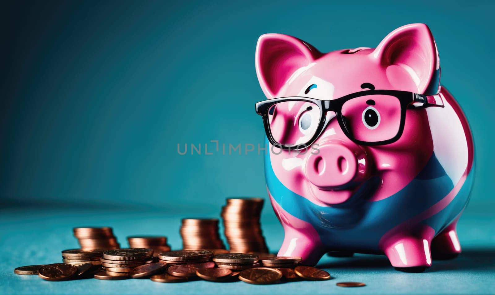 A pink piggy bank with black rimmed glasses is standing in front of a pile of coins stacked in neat rows. The piggy bank is facing the camera and smiling. The background is a bright blue surface.