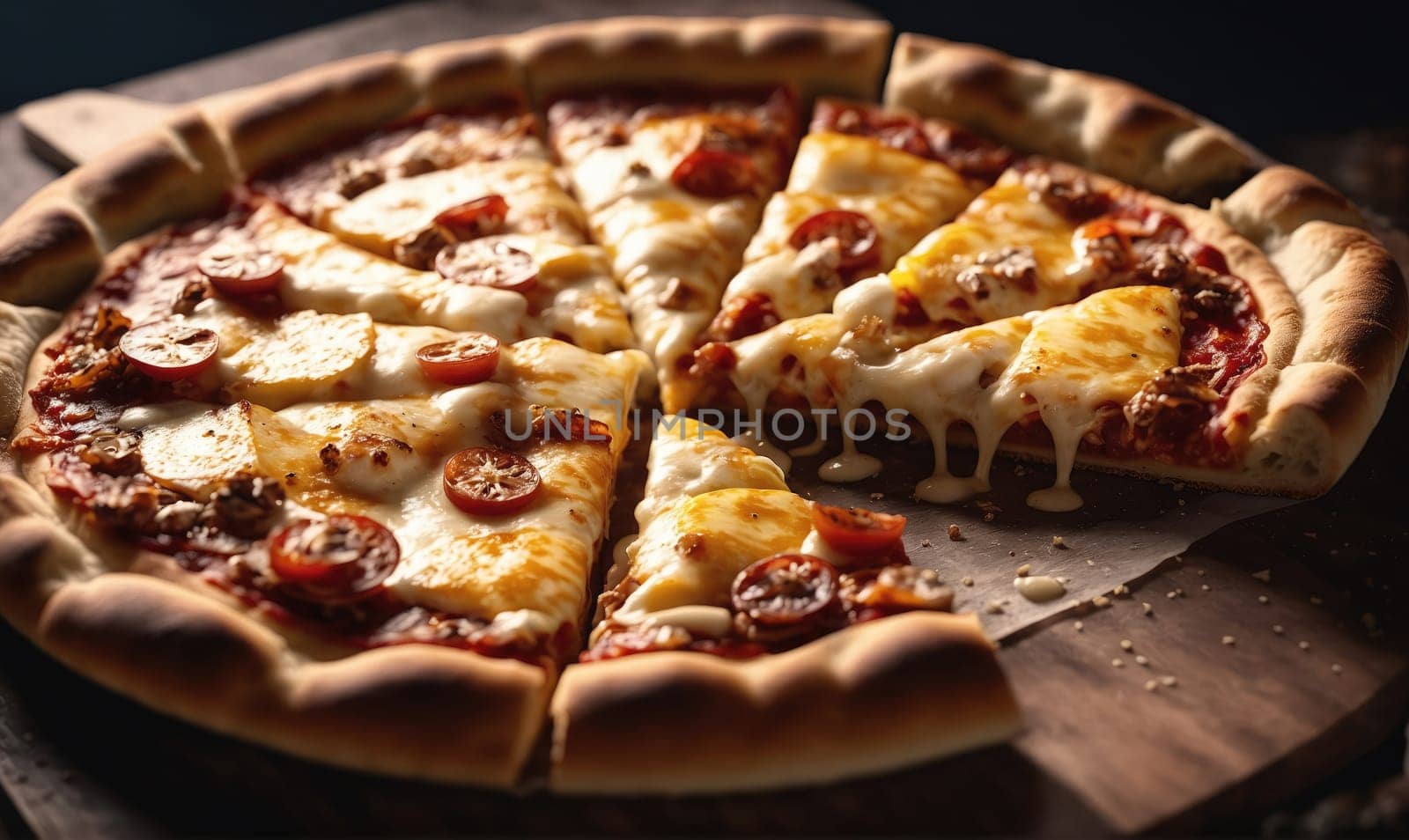 A pizza with a crispy crust is topped with melted cheese and red tomato slices. The pizza has been cut into slices, and one piece has been pulled away, revealing the gooey cheese inside