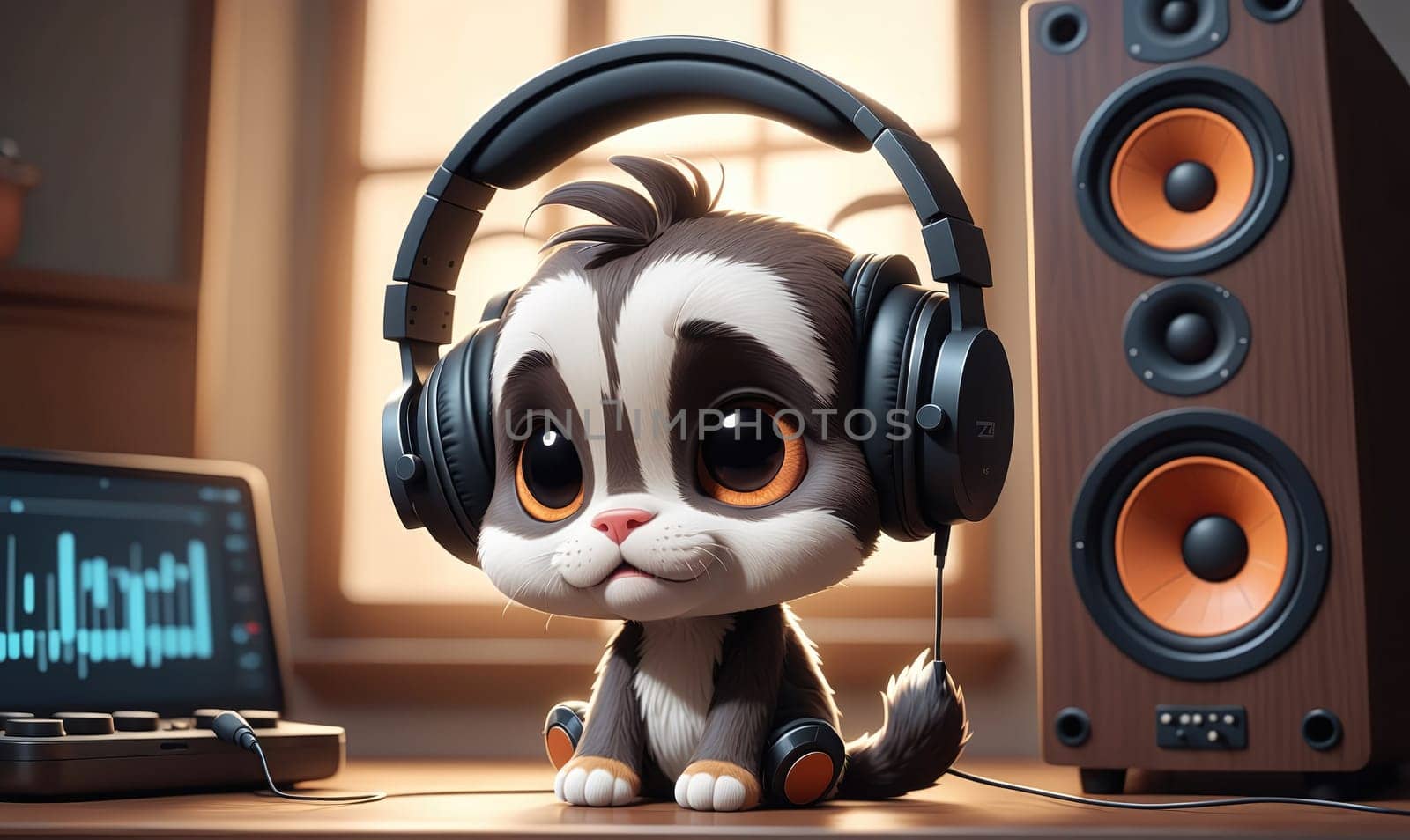 A small, cartoon-like animal with black and white fur wears black headphones. It has large, expressive eyes and a small, pink nose. It sits on a table in a room with a laptop and speakers