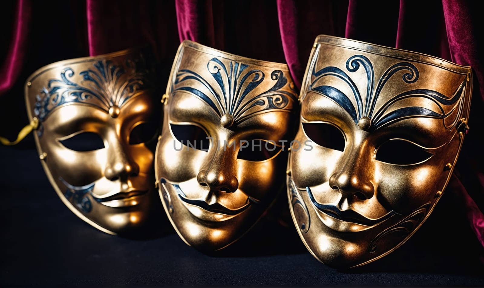 Three gold theatrical masks, each with intricate detailing and a distinct facial expression, are arranged in a row on a black surface. A crimson curtain hangs in the background.