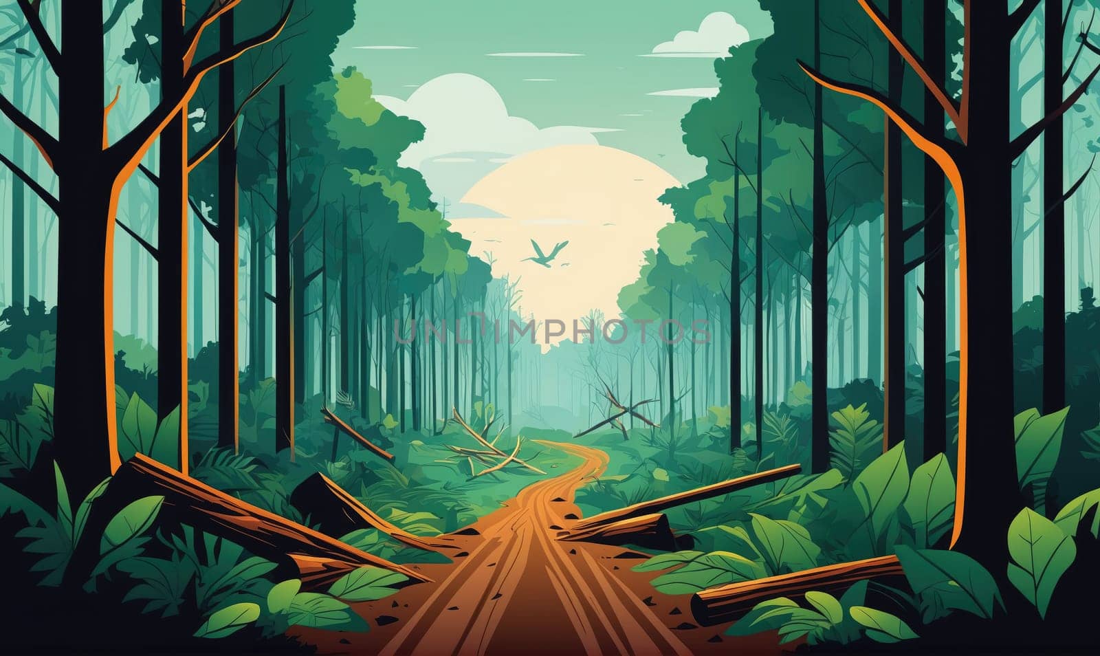 A dirt path leads into a forest, with lush green trees on both sides. The path is surrounded by fallen trees and vegetation, and a single bird flies overhead.