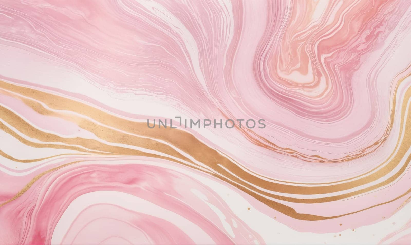 A close-up image of pink and gold marbling. The swirls of pink and white paint are accented with gold paint, creating a luxurious and elegant design.