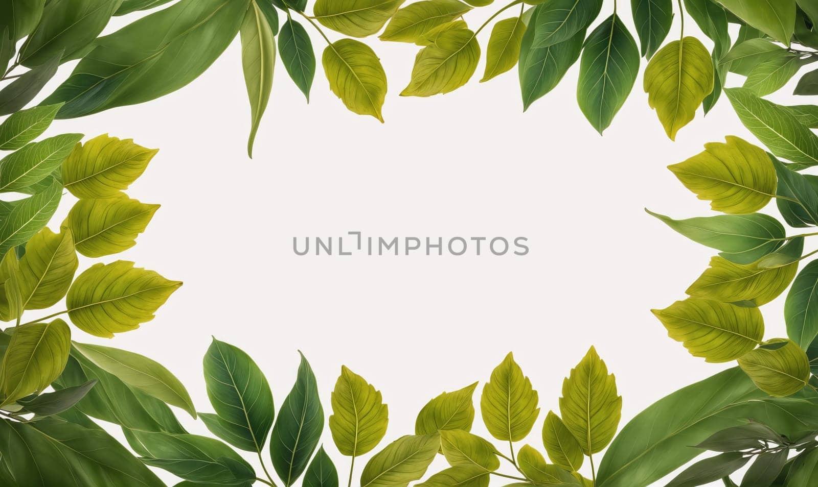 A white background is surrounded by green leaves of varying shapes and sizes. The leaves appear to be from a variety of plants, with some leaves being more pointed than others.