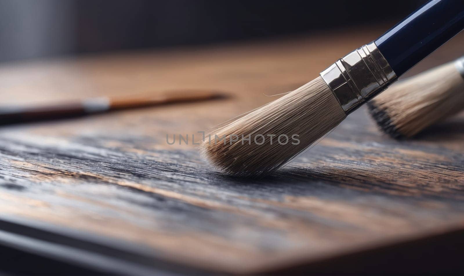 Two paintbrushes are lying on a wooden surface. One brush is in focus and the bristles are touching the wood. The other brush is out of focus in the background.