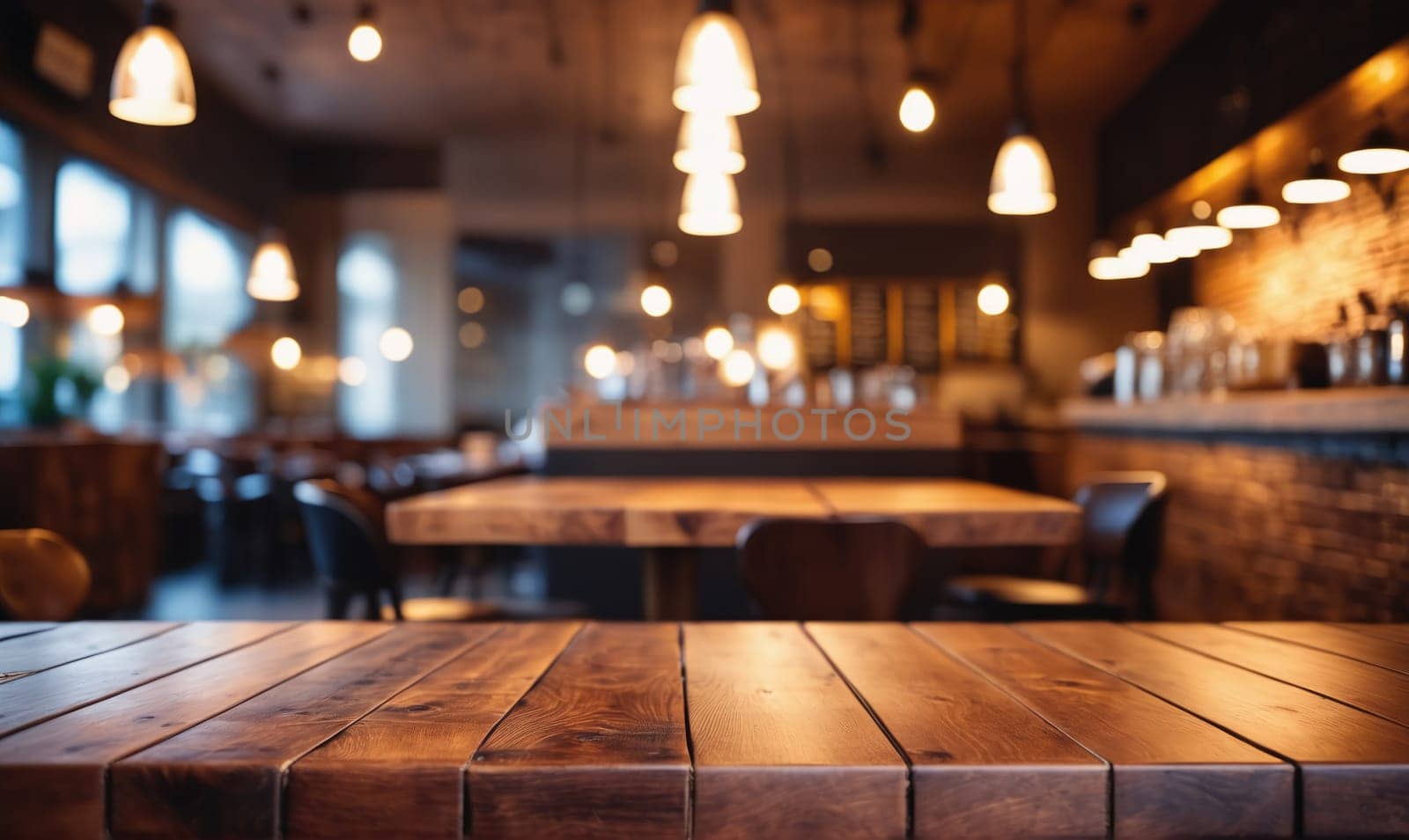 A wooden table in a restaurant, with a blurred background of other tables, chairs, and warm lighting.