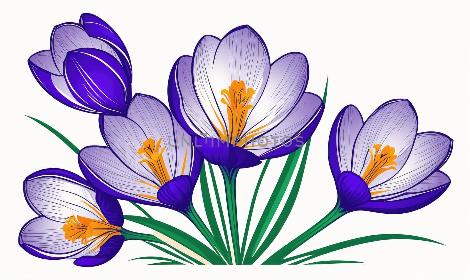 Five purple and white crocuses are in bloom. They are growing in a patch of green grass.