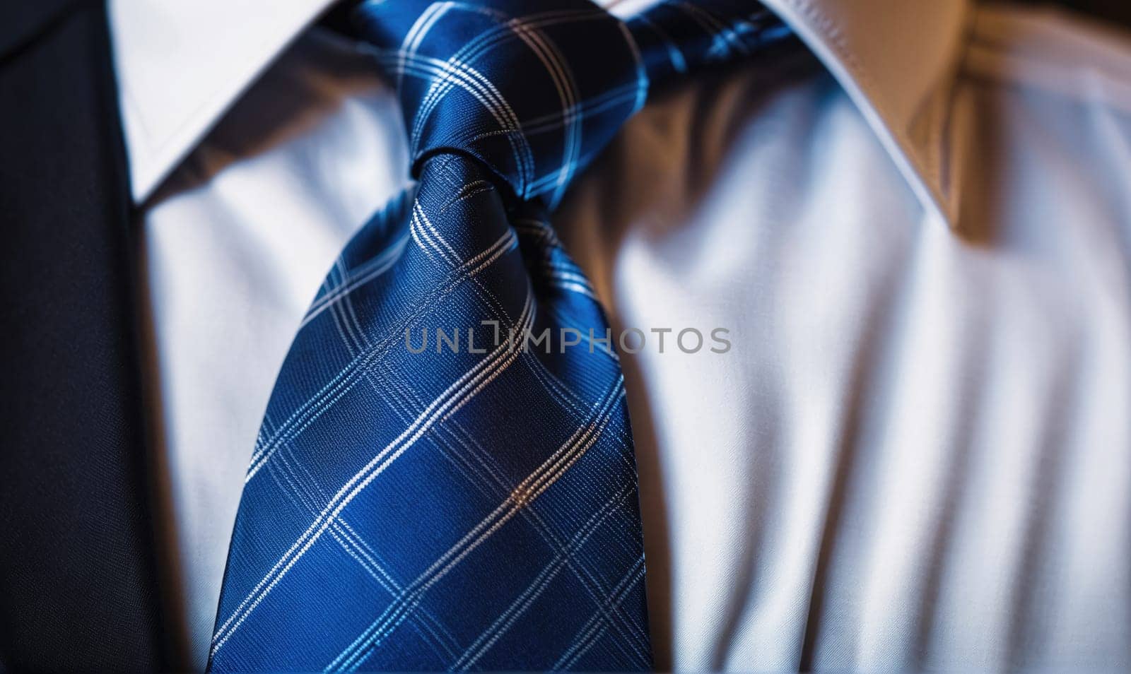 A close-up image of a knotted blue and white patterned tie worn with a white shirt.