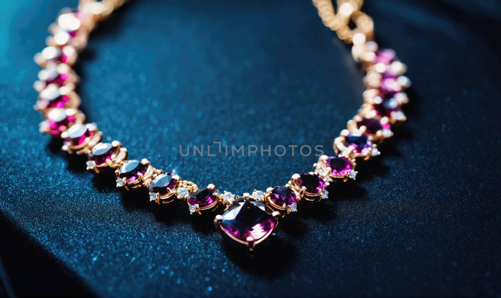 A golden necklace with pink gemstones and a single large pink gemstone at the center is lying on a dark blue, velvety surface