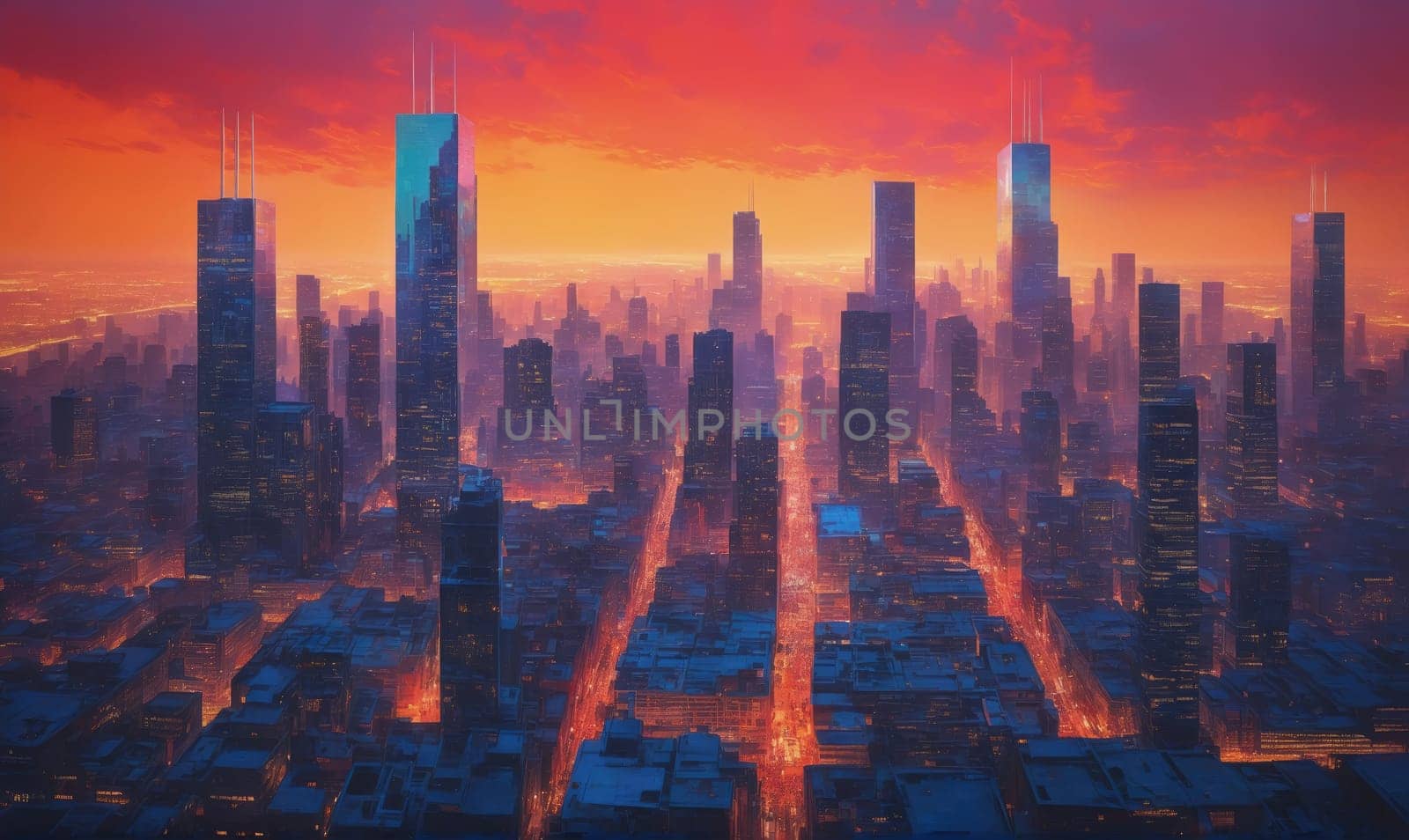 A panoramic view of a city skyline, with many tall skyscrapers, during sunset. The sky is a vibrant orange and pink, and the city lights are starting to twinkle.
