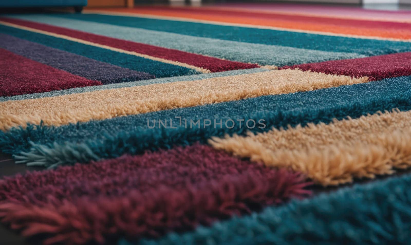 The image shows a portion of a striped rug with alternating colors, including deep reds, blues, and beige. The rug has a fluffy texture and the colors are arranged in a horizontal pattern.