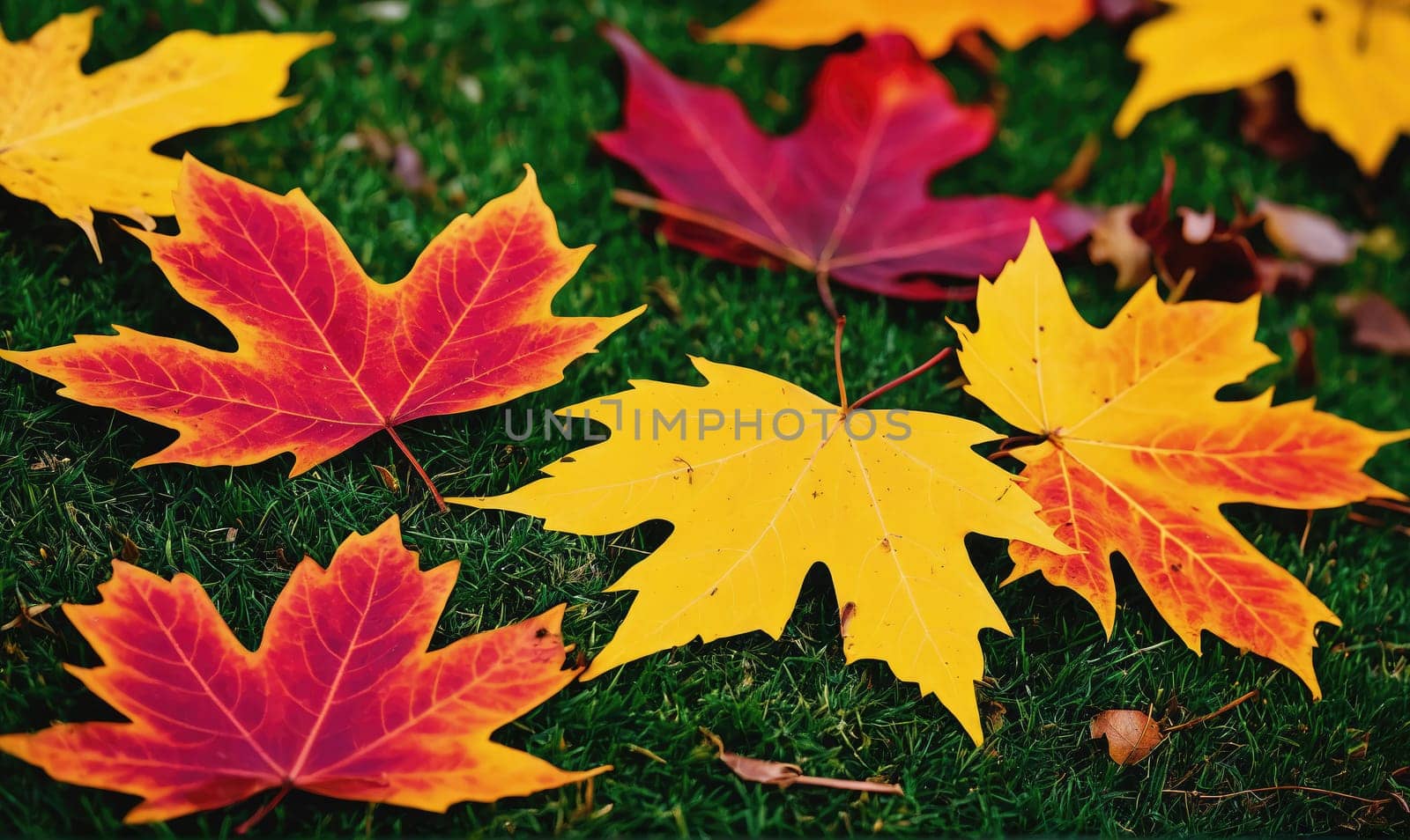 Several maple leaves, in shades of yellow, orange, and red, are scattered on a bed of green grass. The leaves are in various stages of decay, with some still vibrant and others starting to brown.