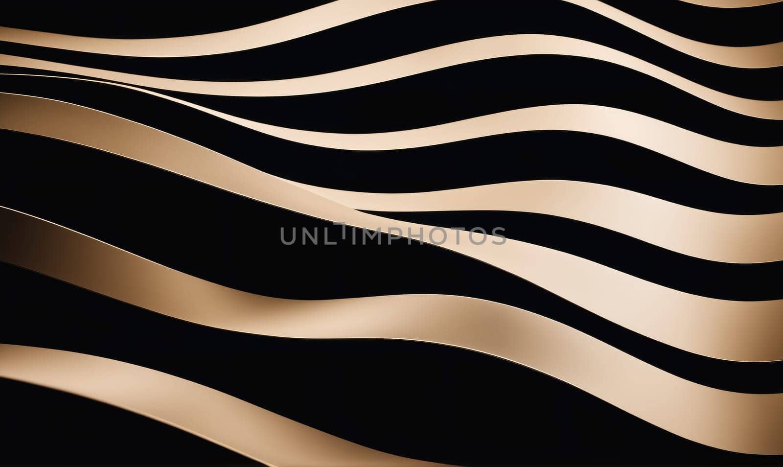 A digital image featuring a series of wavy, metallic gold stripes on a black background. The stripes are slightly raised and create a sense of depth and movement.
