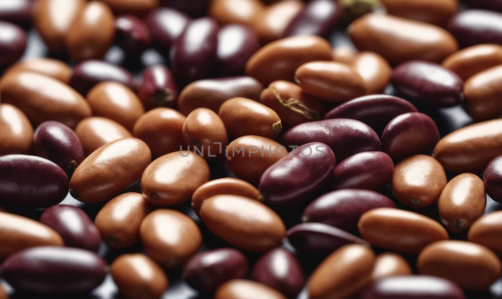 An image shows brown and purple beans scattered on a surface. The beans are in focus and appear glossy.