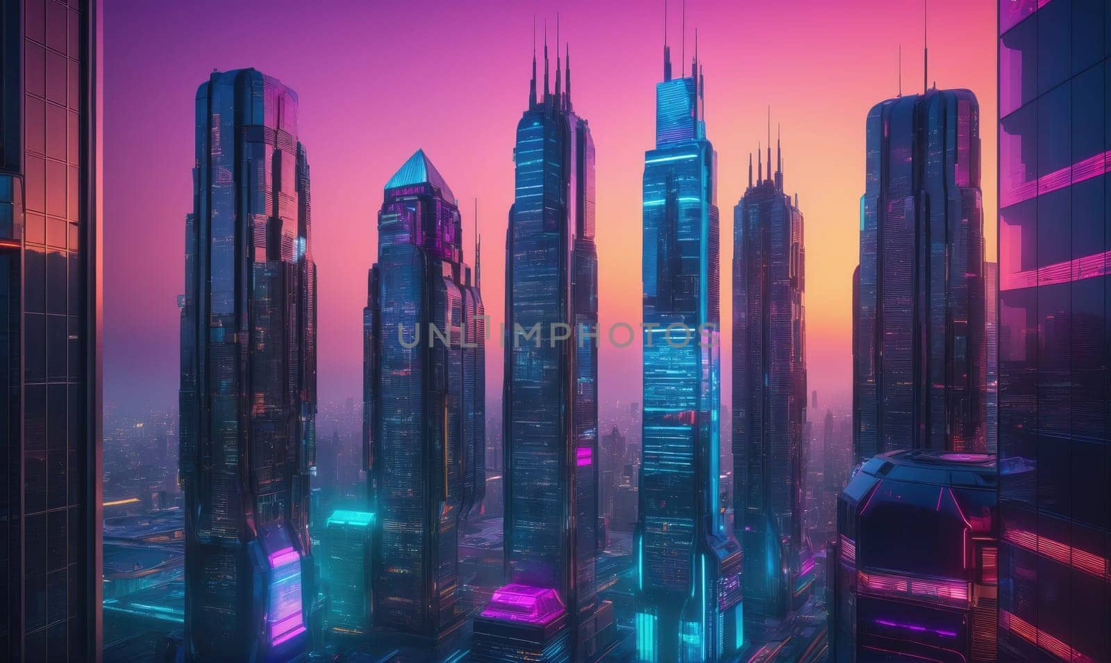 A high-angle view of a futuristic city with tall, sleek buildings lit by neon signs. A vibrant pink and orange sunset fills the sky in the background.