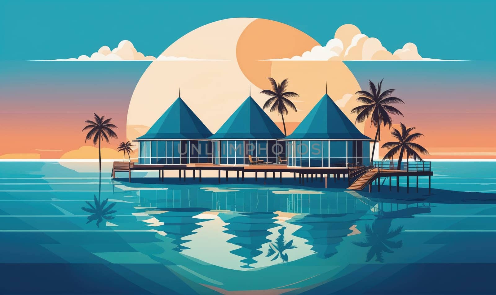 Several overwater bungalows are situated on a wooden platform in calm water. Palm trees are located on the platform and in the background. The sun is setting and reflecting on the water.