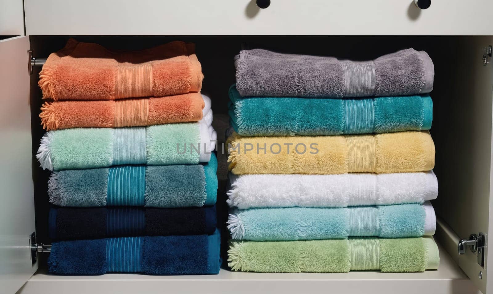 Two stacks of folded towels, one orange, teal, and blue, the other gray, teal, yellow, white, teal, and green, are neatly arranged inside a white cabinet.