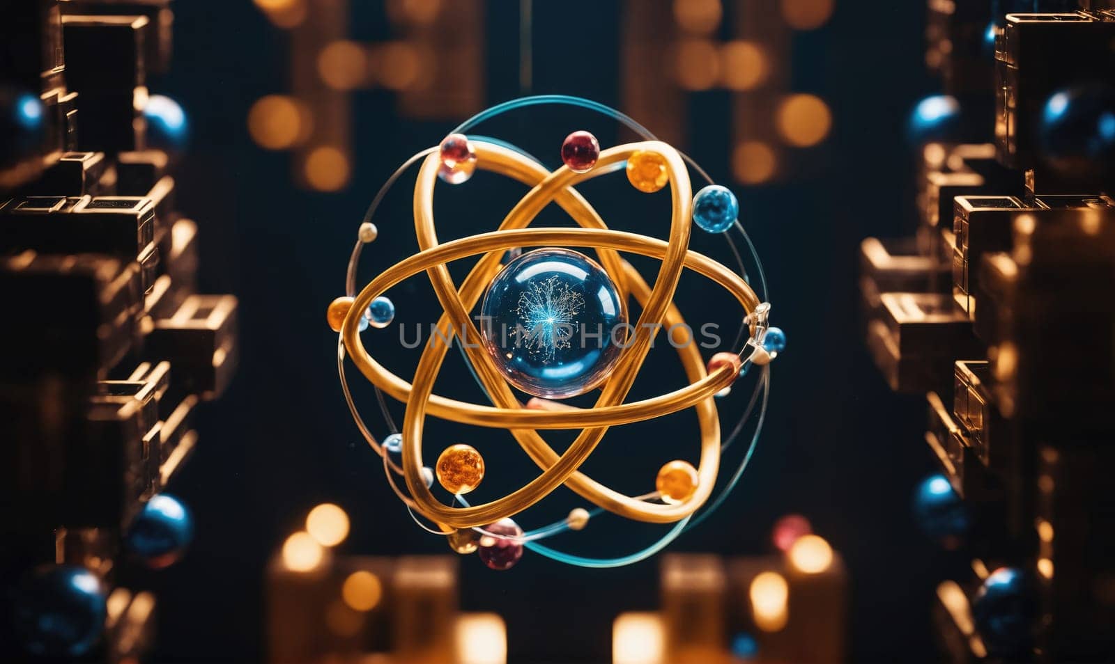 A gold atom model with a blue nucleus hangs in the center of a dark room. Surrounding it are gold and blue orbs that appear to be orbiting it.