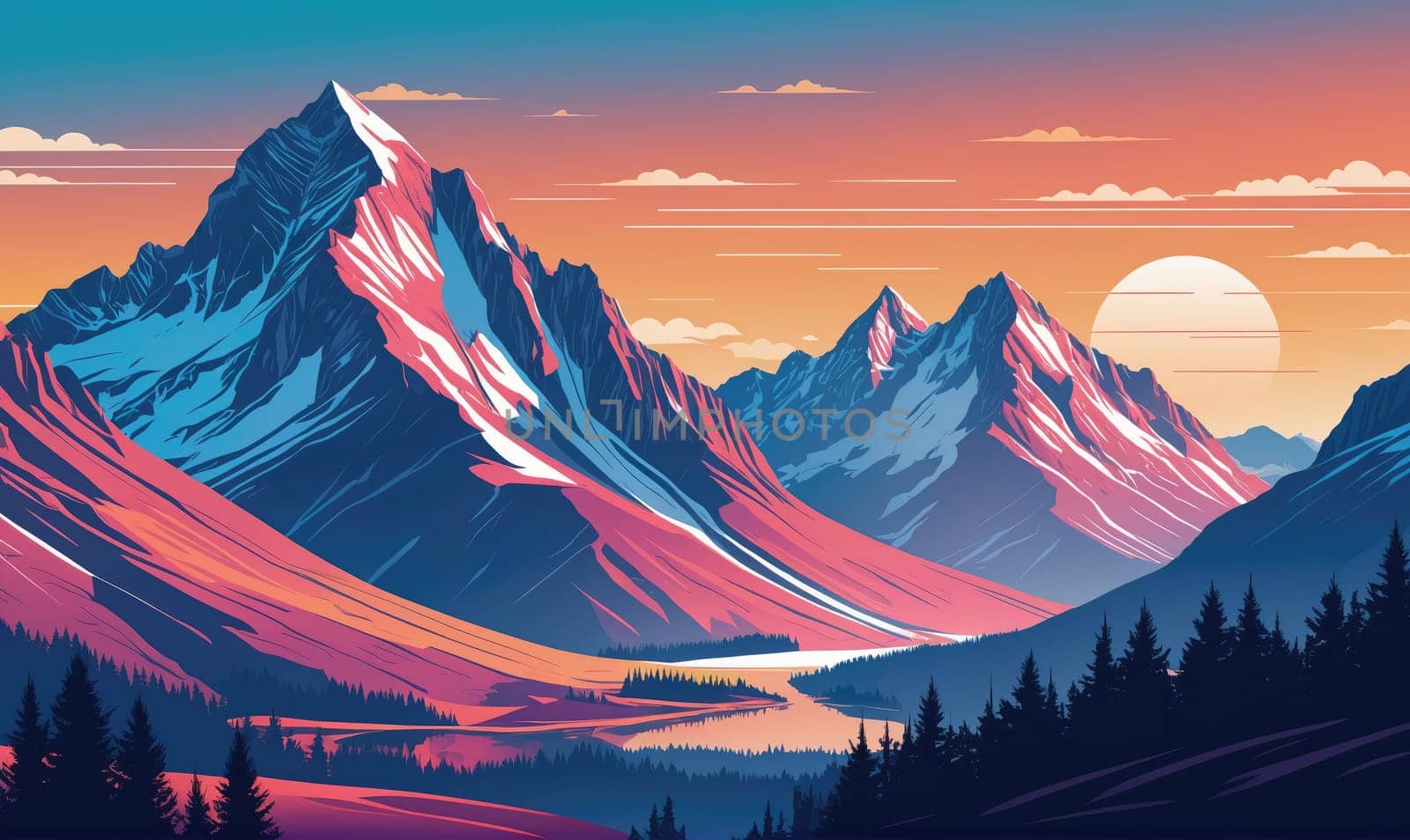 A digital illustration depicts a mountain range with a large peak at the center of the image. The mountains are blue, purple, and pink