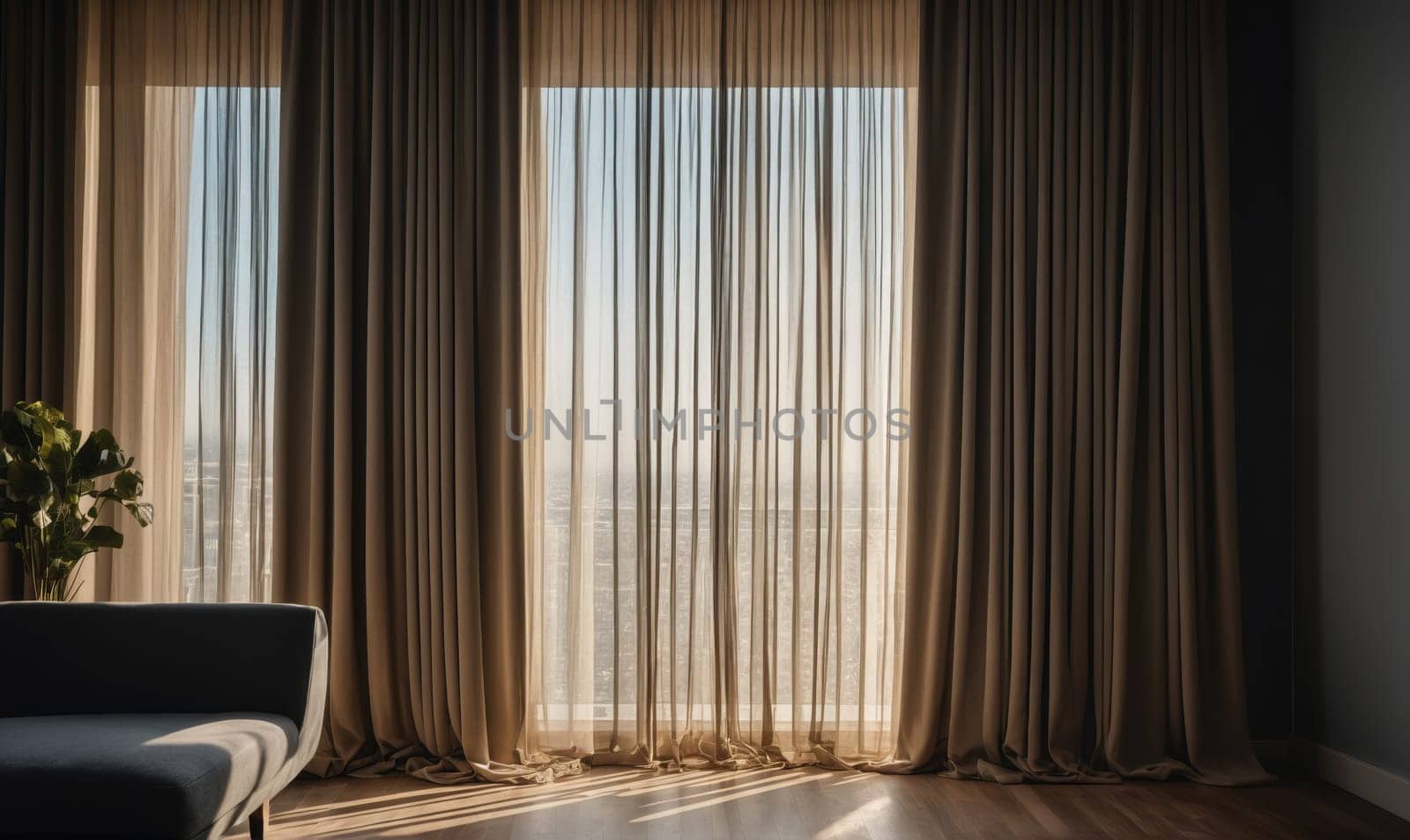Sheer curtains hang over a large window, letting in sunlight that creates a warm glow on the wooden floor. A couch sits in front of the window, partially obscured by the curtains.