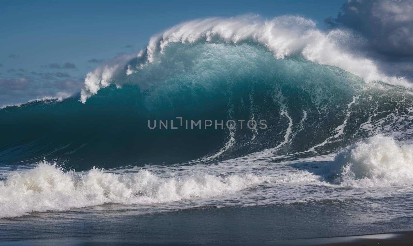A large wave breaks and crashes in the ocean. The water is a deep blue color and there are white caps on the surface of the water. The sky is blue and there are some clouds in the distance.