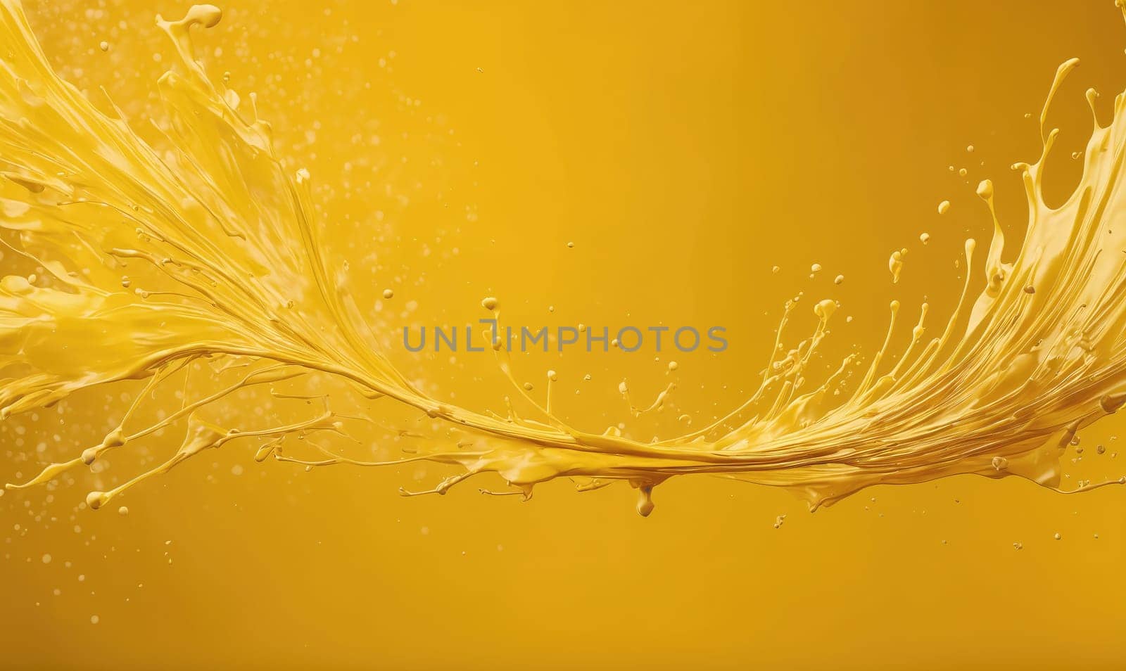 A splash of liquid, likely paint, is frozen in motion. The liquid is yellow and creates a wave-like pattern with droplets extending from the main body of liquid. The background is also yellow.