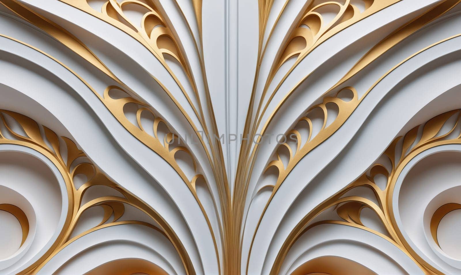A close-up shot of a white and gold wall with a symmetrical pattern of curved lines and ornate details. The gold accents are raised and create a contrast to the smooth white surface.