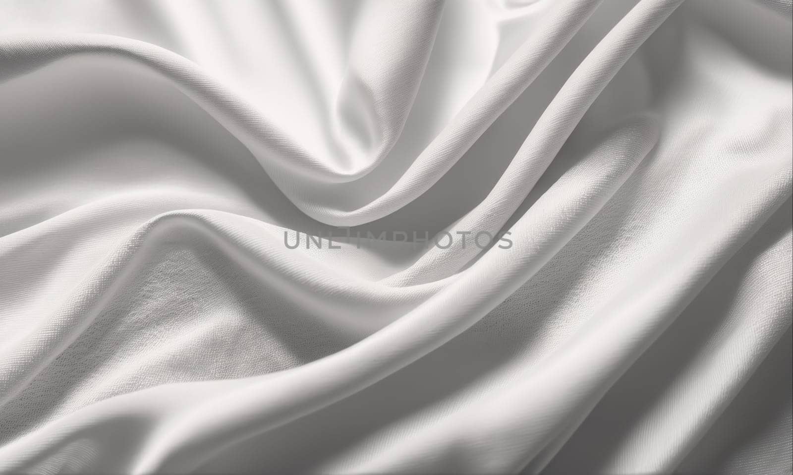 The image shows a white fabric with soft folds and wrinkles, creating a smooth, elegant, and textured surface. The fabric appears to be made of a fine, silky material, possibly satin or silk