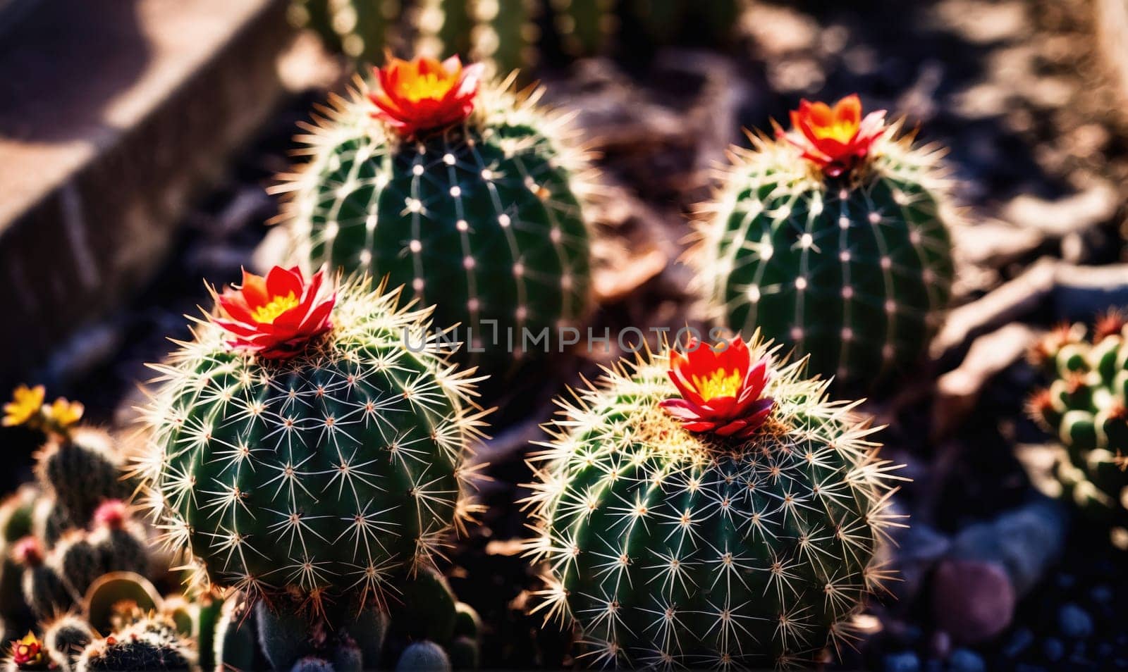 Four cacti with red flowers bloom in a desert environment. The cacti are green and have white spines. The flowers are red with yellow centers. The cacti are surrounded by brown dirt.