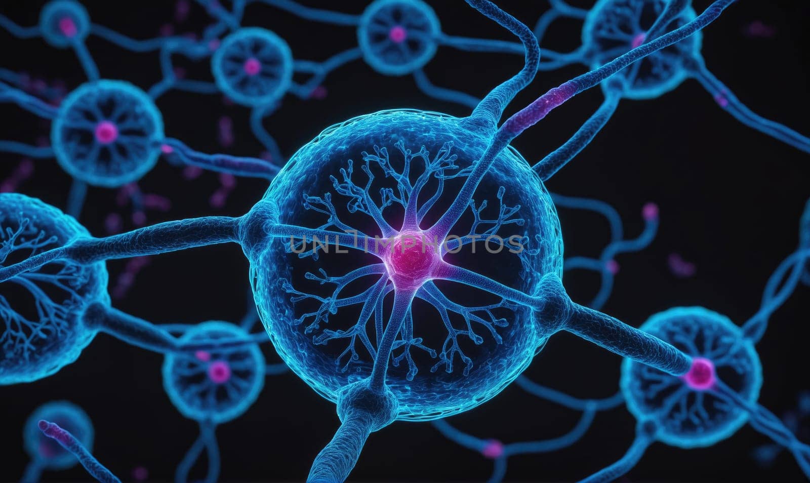 The image shows a digital rendering of a neuron, a nerve cell, with its nucleus and surrounding dendrites and axons