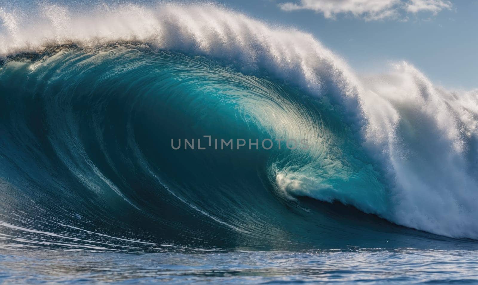 A large wave, with a deep blue color, is breaking in the ocean, showing a white foamy crest. The sun is shining on the water, creating a bright reflection.