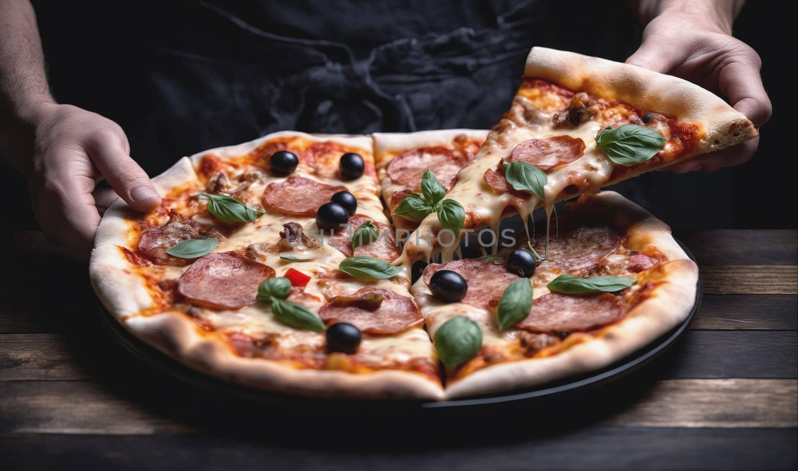 A hand lifts a slice of pizza, revealing the cheese that stretches as it is pulled away from the rest of the pizza. The pizza has a thin crust, pepperoni, cheese, olives, and basil