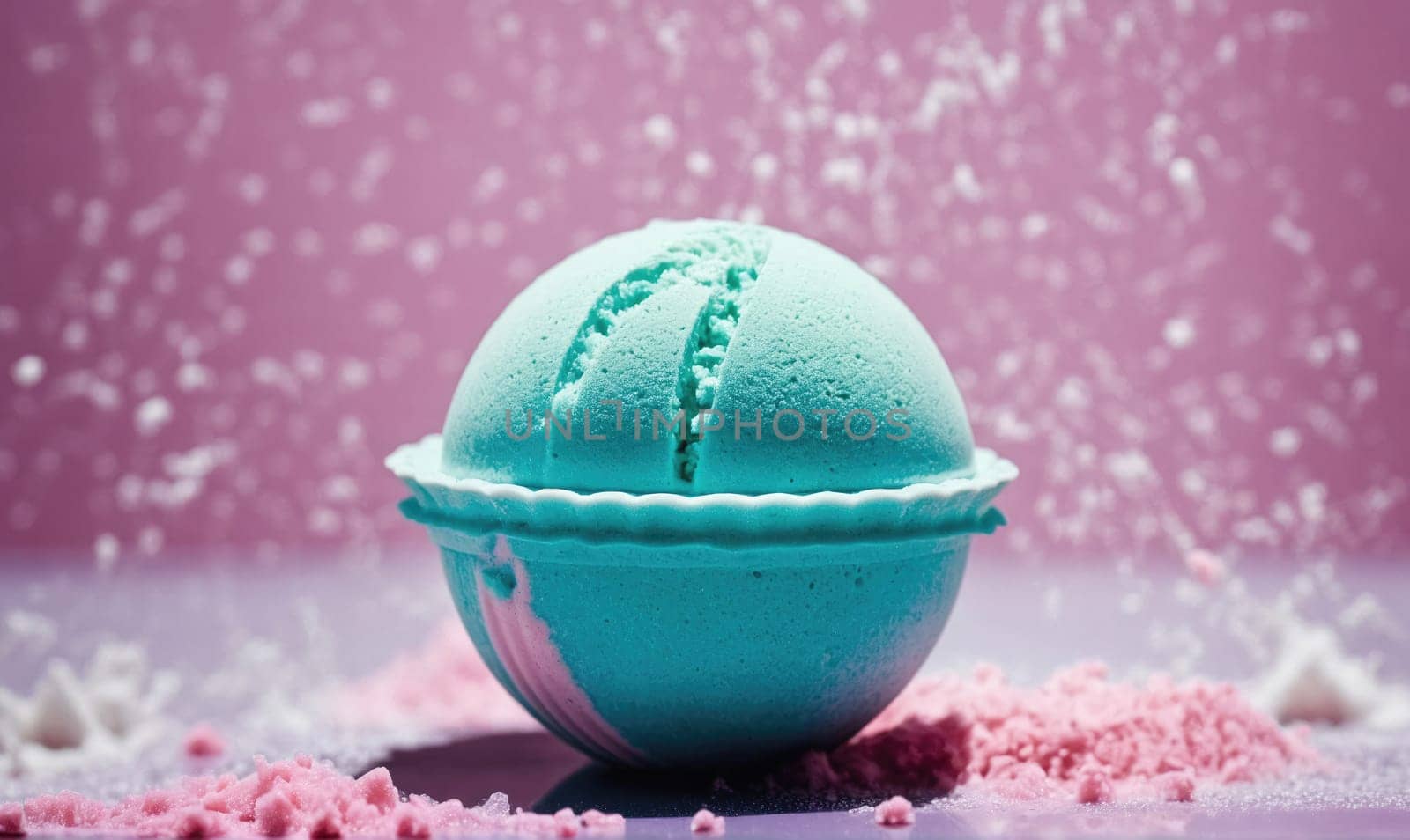 A close-up of a blue bath bomb on a surface covered in pink bath salts. White bubbles float in the air behind the bath bomb.